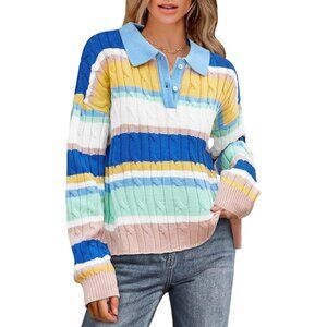 Cicy Bell Sweater Shirts Womens White Blue Long Sleeve Knit Pullover Tops